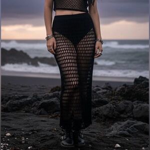 Black Hot & Delicious Fishnet Knit Crochet Maxi Skirt L Bodycon Beach Goth Boho